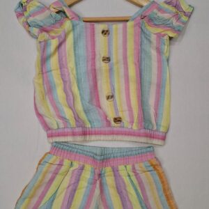 Conjunto Infantil Feminino Rainbow – Blusinha com Botões + Short Leve Listrado