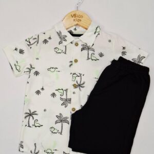 Conjunto Infantil Masculino – Camisa Dino Botões + Bermuda (Cores: Branco / Verde)